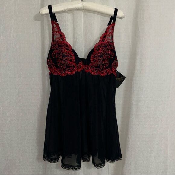 SW by Cinema ETOILE L Black Red Embroidered Chiffon Intimate Gown with Thong - Picture 2 of 11